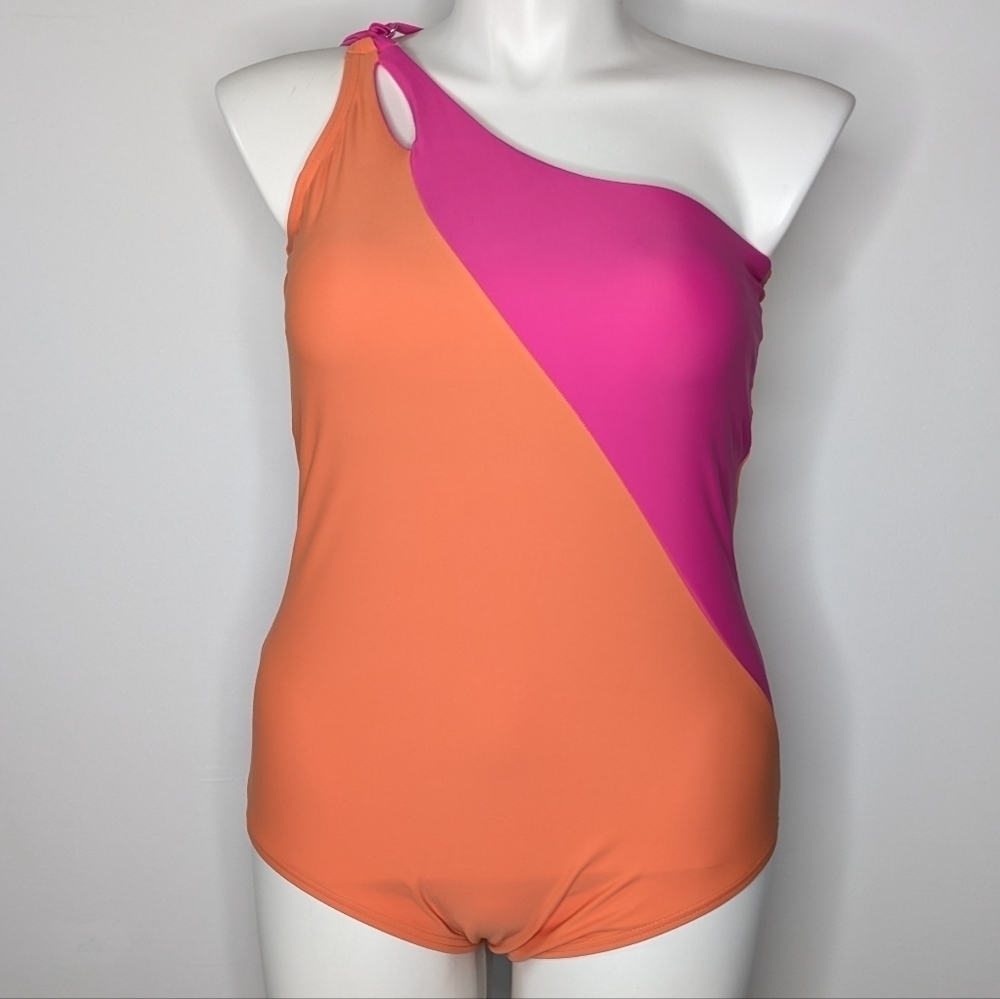 NWT Lands' End Pink Orange One Shoulder Swimsuit L